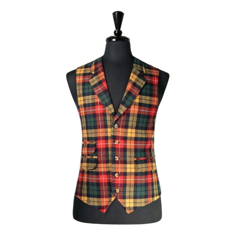 Mens 44R Wool Vest Red Yellow Green Tartan Plaid Waistcoat Formal Wedding Party